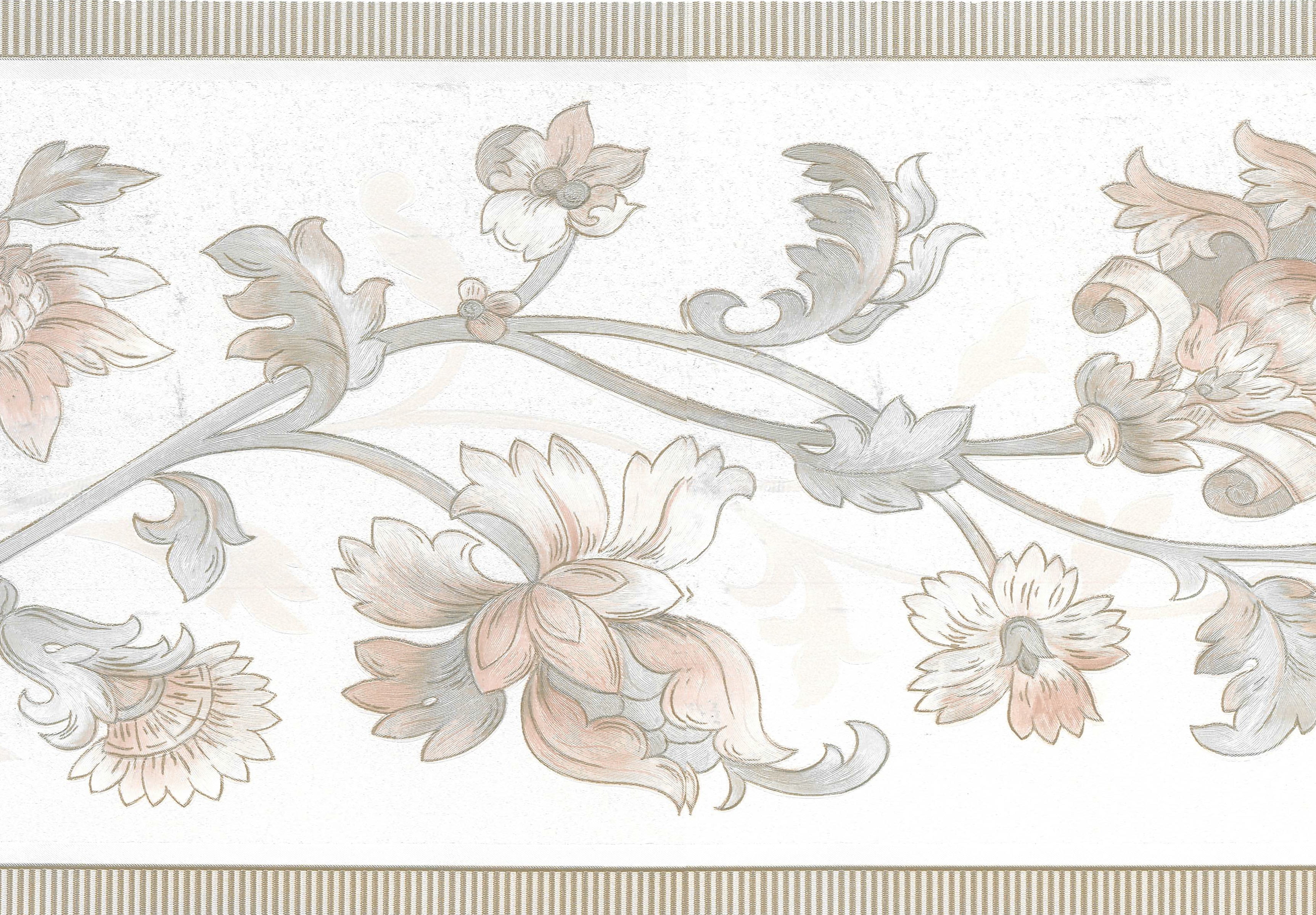 Prepasted Wallpaper Border - Floral Pearl, Mauve, Gold, Beige Flowers on Vine Wall Border Retro ...