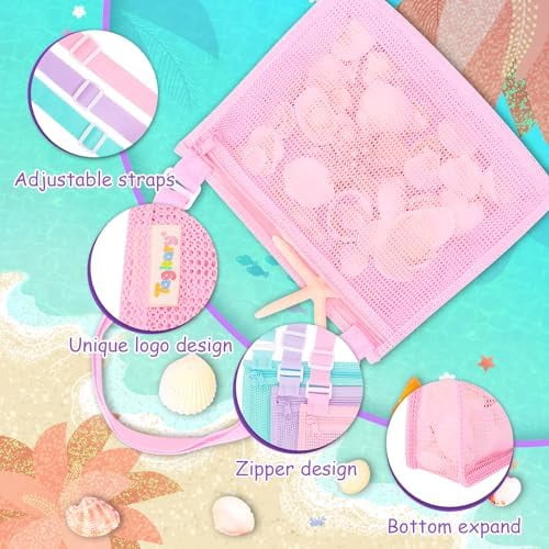Beach Toy Mesh Beach Bag Sand Toy Seashell Bag for Holding Shells Pool Bag with Zipper Swimming Accessories for Kids Boys and Girls(Only Bags,A Set of 3)