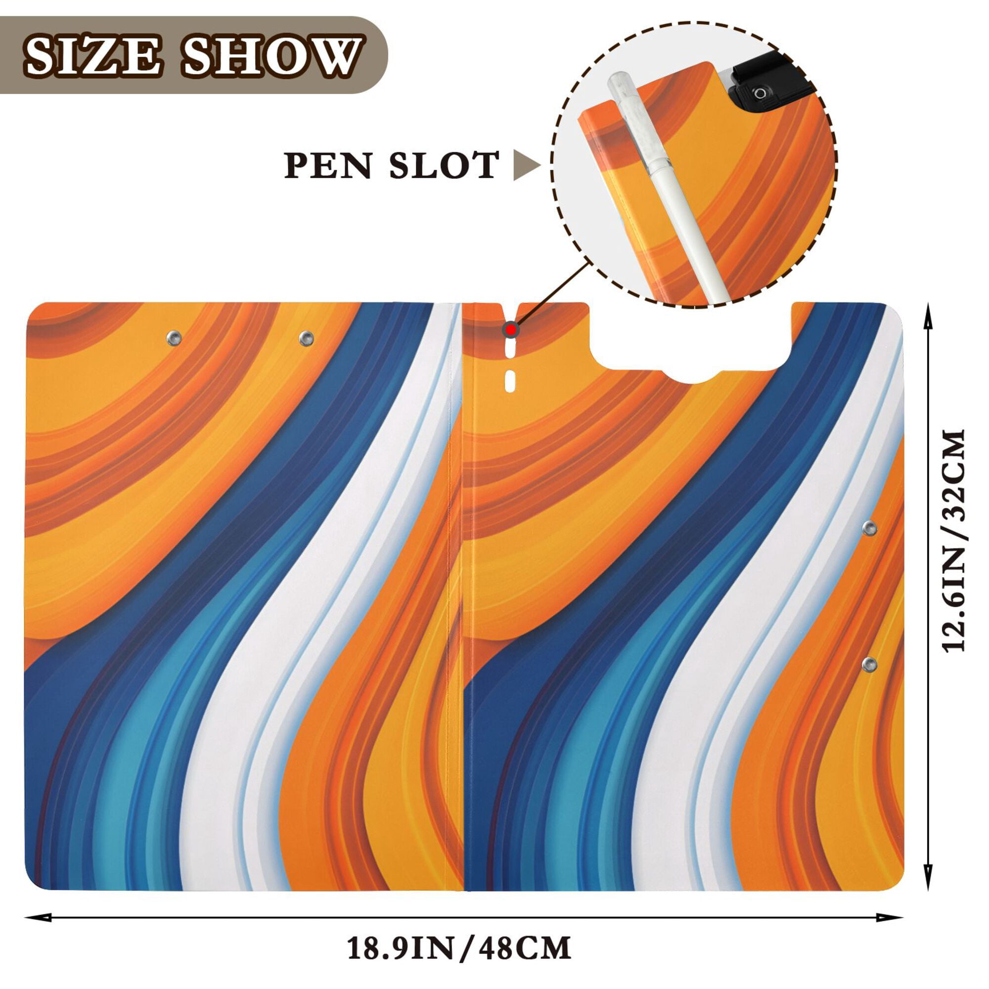 FORMRS A4 Clipboard Folder with Pen Holder Horizontal Foldable School Office Binder, Orange Abstract Wavy