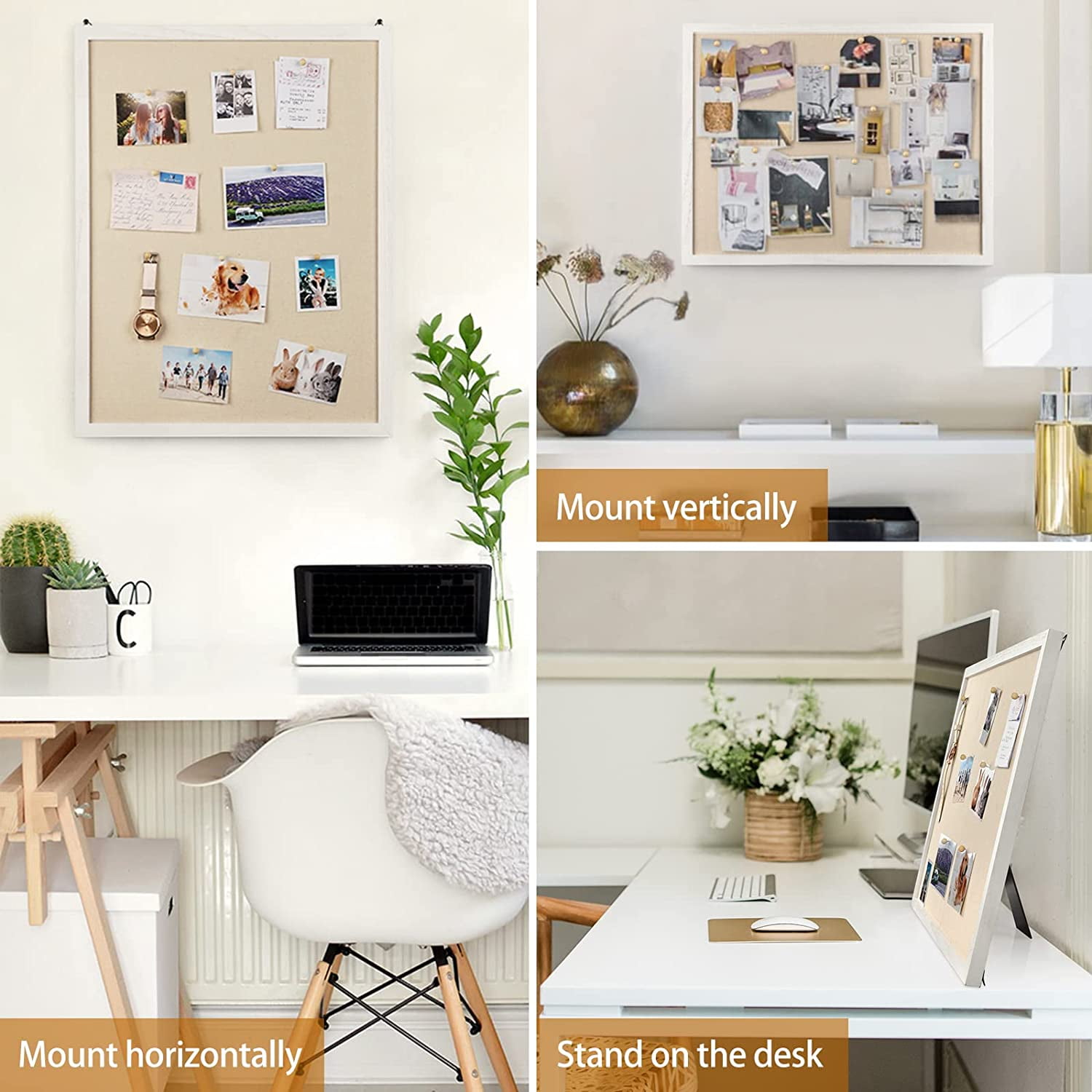Sfugno Large Bulletin Board 23x18 inch with Linen Wood Boards Wall Decor Hanging Pin Wood Framed Display Bulletin Cork Photo Picture Board Light for Room School Office,White