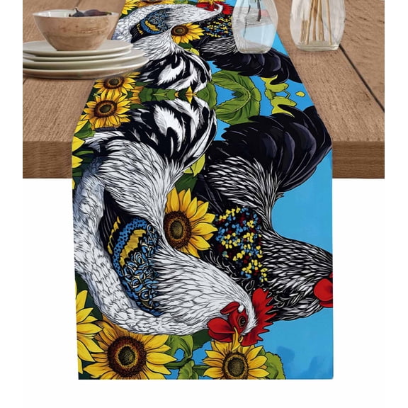 Vintage Sunflower Rooster Table Runner 60 Inches, Summer Botanical Pastoral Bed Runner Dresser Scarves Tabletop for Indoor Outdoor Parties/Ceremony/Banquet, 13" x 60"