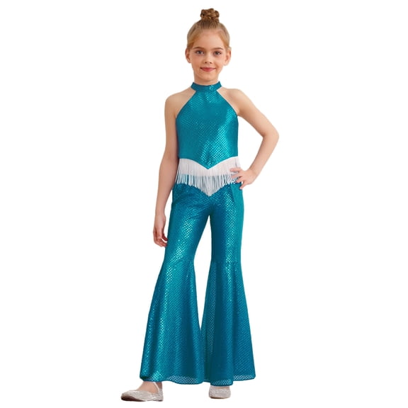 SiiRoh Kids Girls 70s Disco Jazz Dance Outfits Shiny Sequin Halter Crop Top with Flare Pants Stage Performance Light Blue 14
