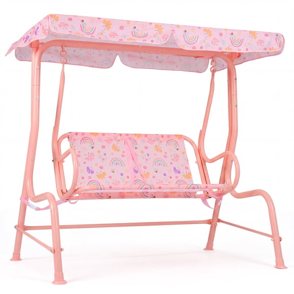 Costway Kids Patio Swing,2-Seater Outdoor Porch Swing Lounge Chair with Adjustable Canopy Pink