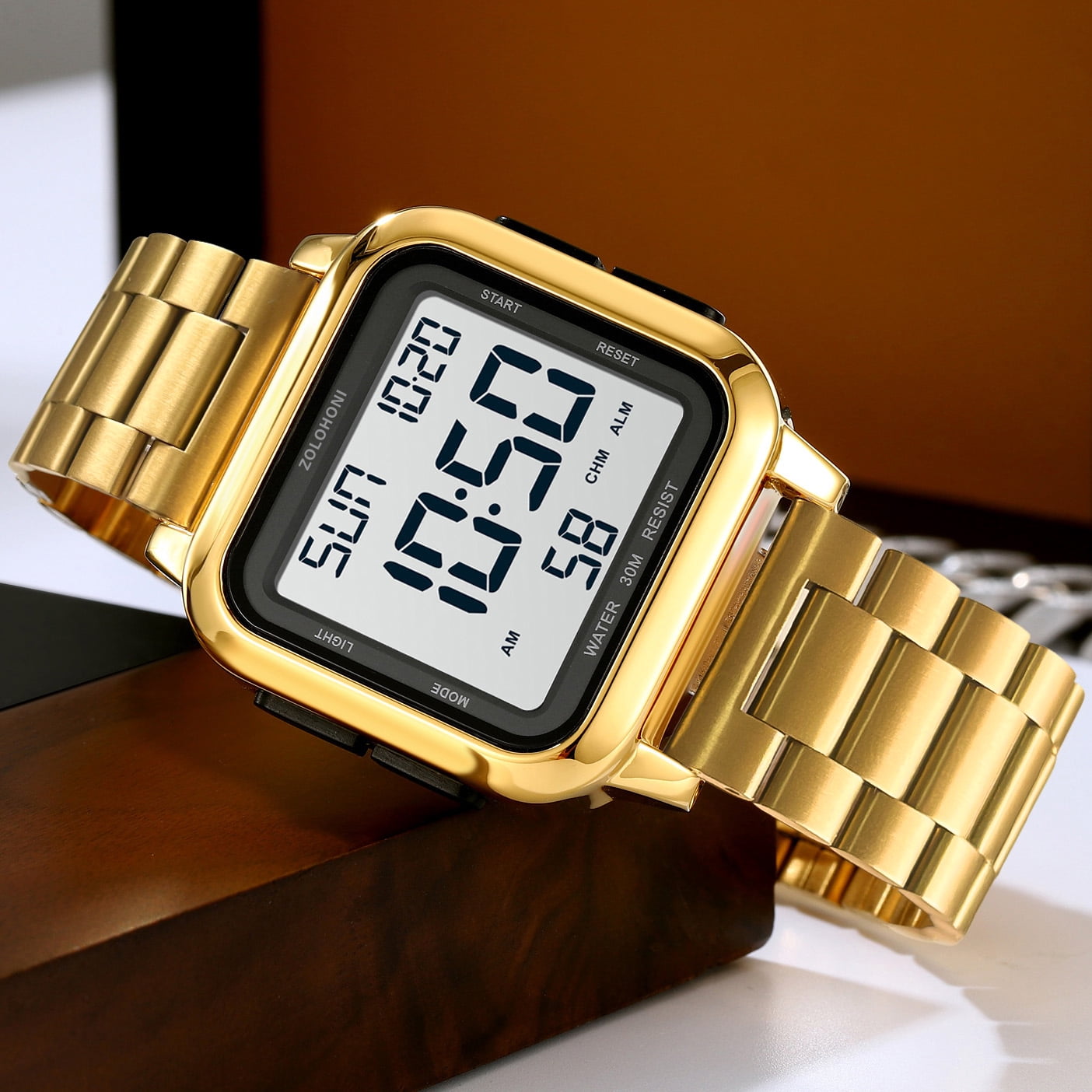 ZOLOHONI Digital Watches for Men Gold Stainalee Steel Waterproof Electric Watch Mens Sports Watches