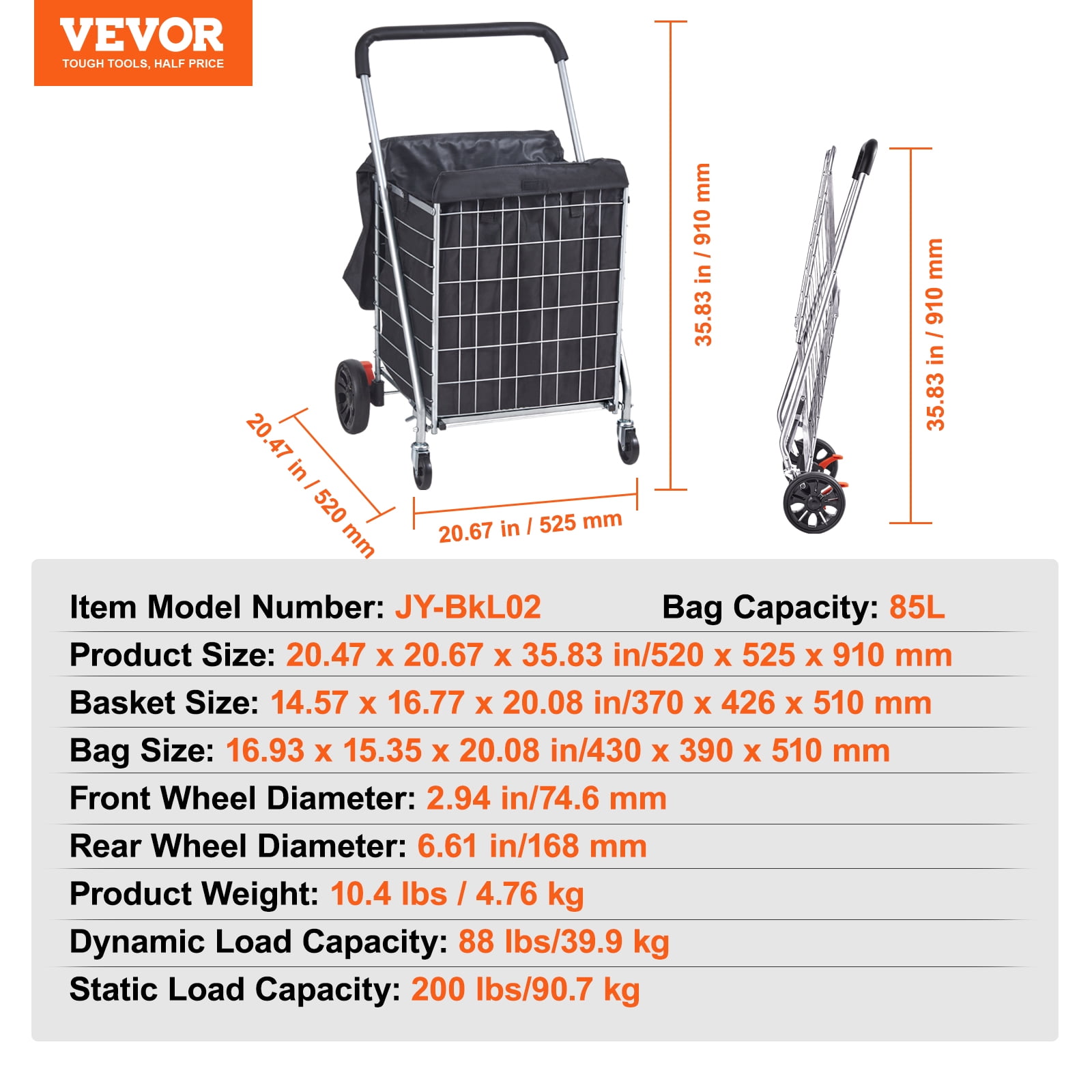 KFFKFF Folding Shopping Cart Utility Grocery Basket Cart Shopping Wheels 200 lbs