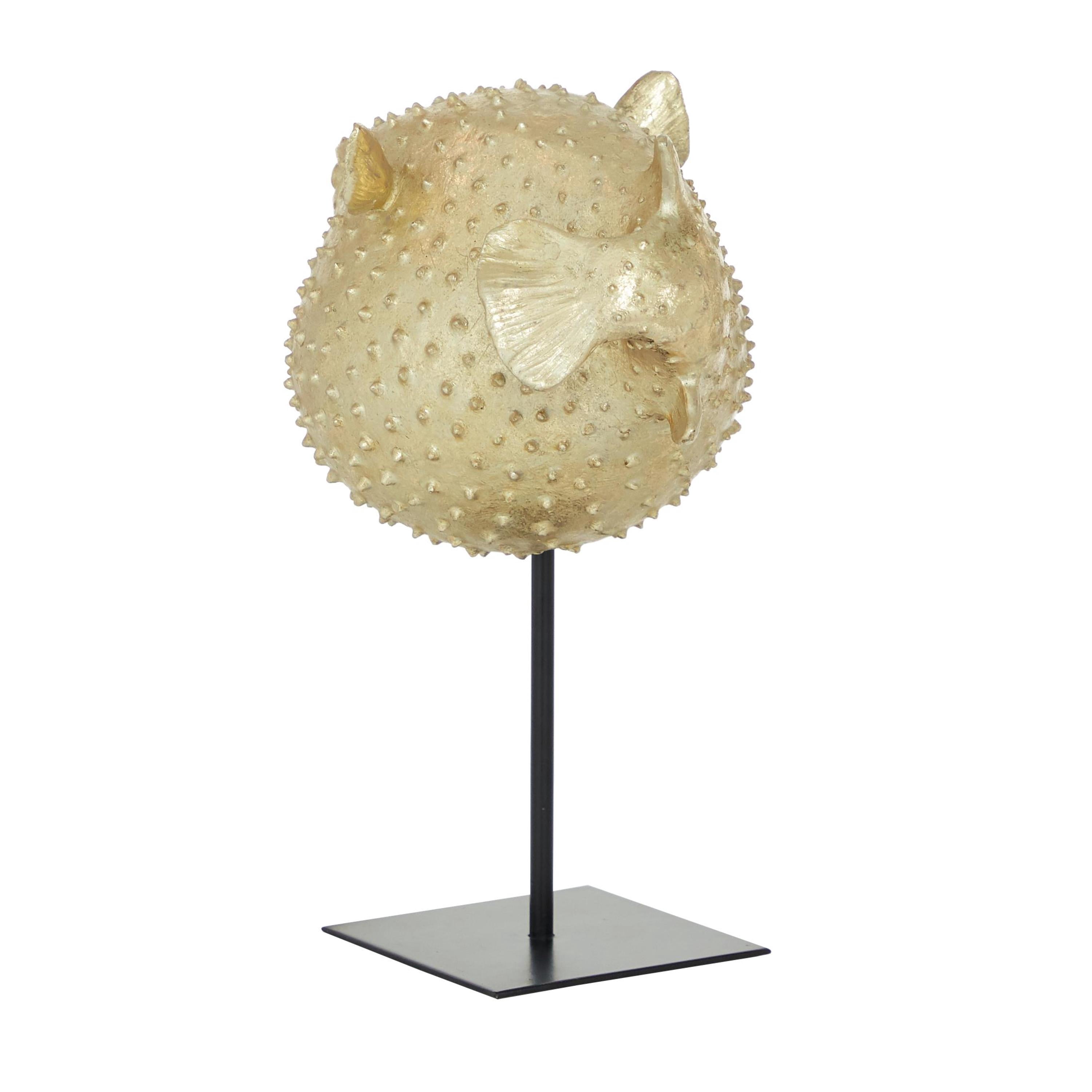 10" x 14" Gold Polyresin Handmade Spiked Blowfish Sculpture with Stand, by DecMode