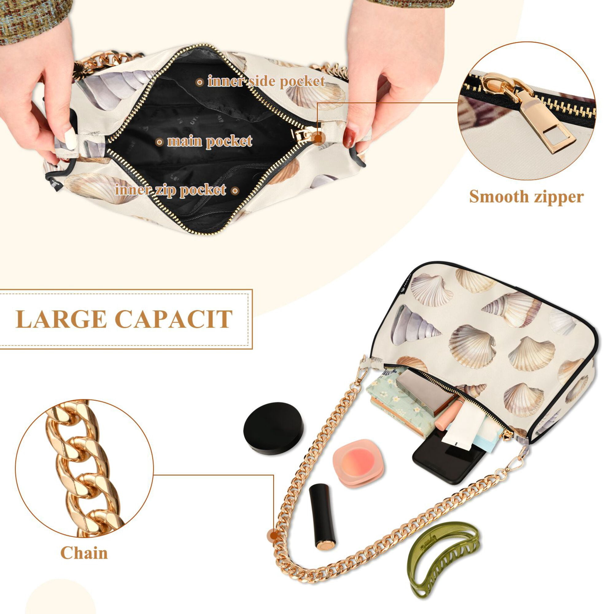 FORMRS Womens Shoulder Bag with Chain Strap Clutch Purse Cute Tote Handbag, Watercolor Seashells
