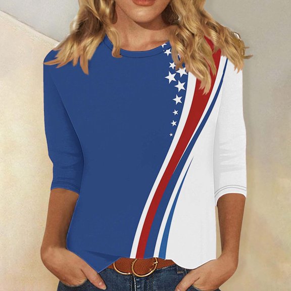Cavosen 4th of July Clothes Women Independence Day 3/4 Sleeve Round Neck T Shirts American Flag Graphic Tops Lady XL 4th of July Casual T Shirts Red White and Blue Tunic Tees Patriotic Blouses