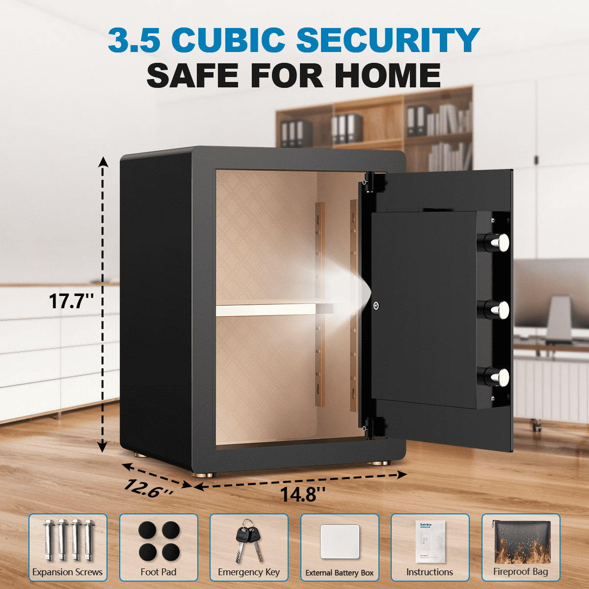BESAFETY 3.5 Cuft Large Safe Box, Digital Keypad Home Security Safe With Fireproof Bag & Alarm System(Black)