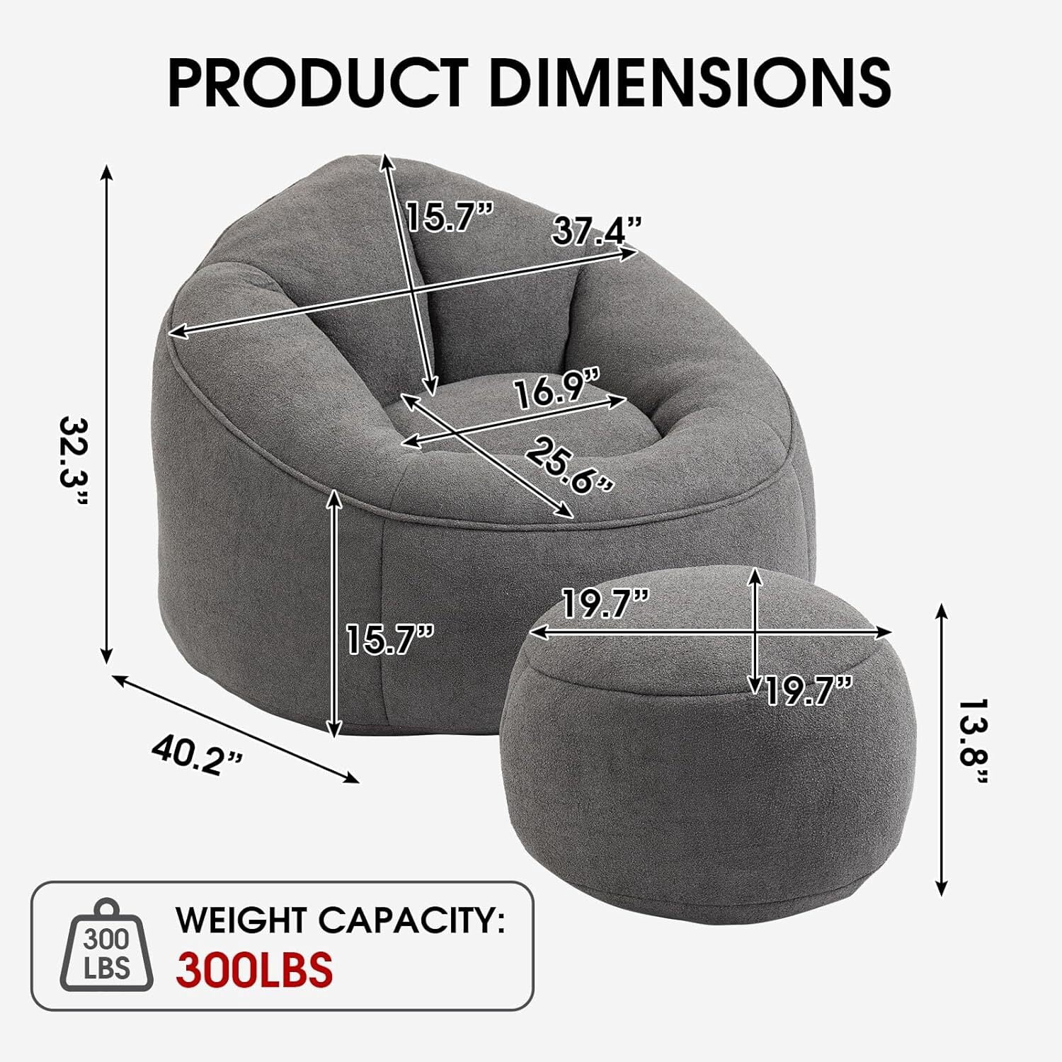 AENKYO Bean Bag Chair Shell-Shaped with Footstool, Memory Foam Microfiber Sofa for Adults - Grey