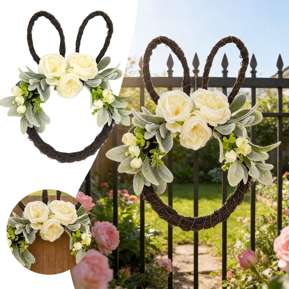 Easter Wreath, Easter Wreaths For Front Door, 15.75 Inch, Easter Bunny Ear Wreath With Roses, Easter Decorations for Home, Office, Porch & Wall