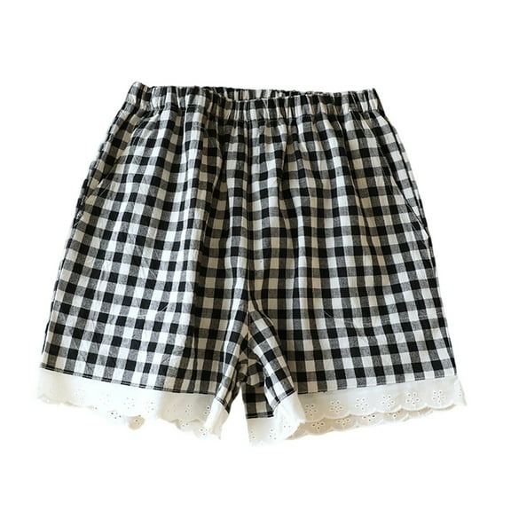 YANGXINX Women's Casual Summer Shorts with Lace and Plaid Design Elastic Waist Comfortable Pocket Shorts for Beach Home Daily Wear