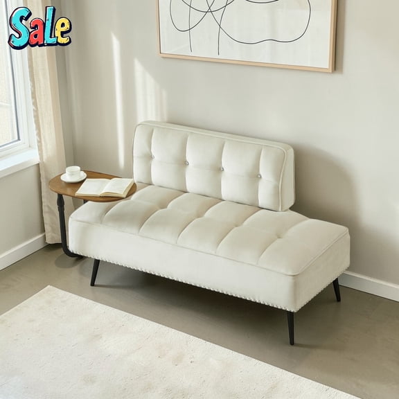 GZXS 54" Velvet Upholstered Bench with Cushioned Backrest and 360° Rotating Side Table, Modern 2-Seater Sofa Bench for Bedroom, Living Room, Beige