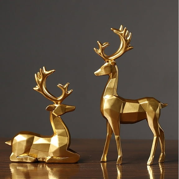 2Pcs Christmas Reindeer Decor,Small Resin Standing Sitting Deer Figurine,Mini Reindeer Christmas Table Decoration for Home Indoor Xmas Holiday Small Statue Rustic Table Decor(Gold #01)