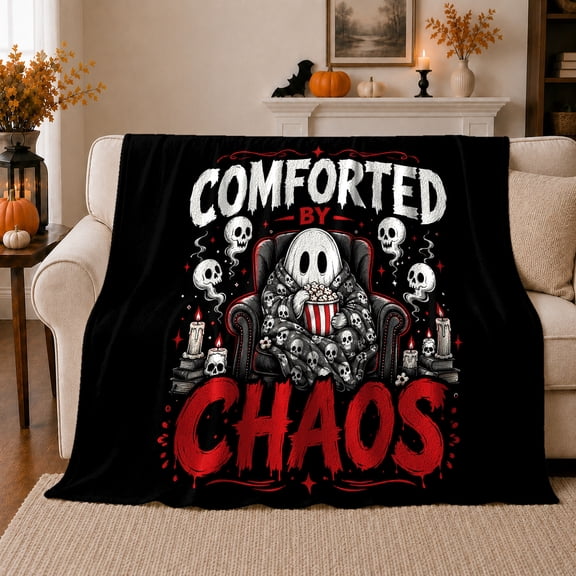 Seated draped fantasy figure With cinema snack illustration And Floating Skulls, Soft Flannel Blanket, ornate dark Cartoon Typography Home Decor for Bedroom and Living Room, Housewarming Gift