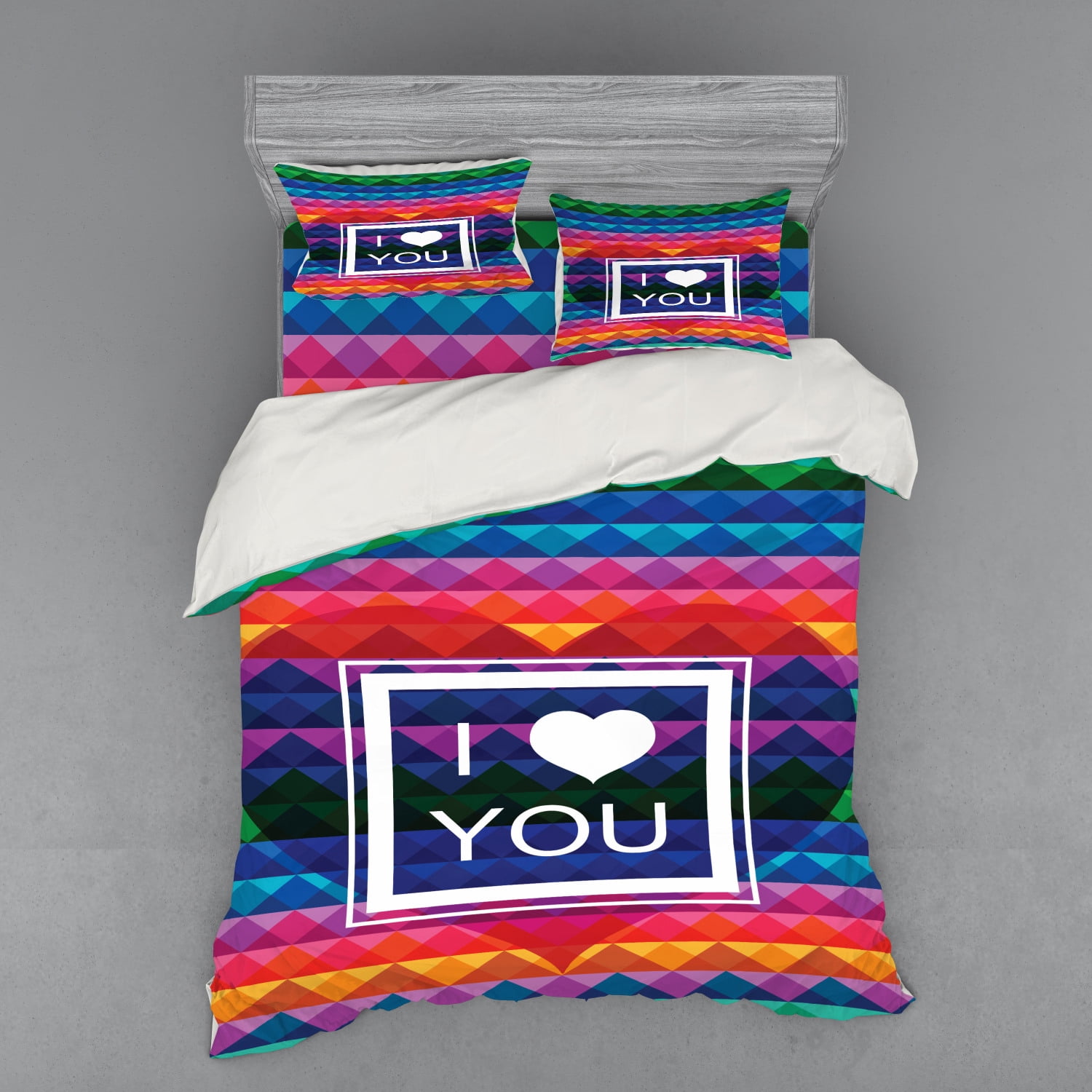 Vintage Rainbow Duvet Cover Set, Colorful Fractal Mosaic Backdrop with