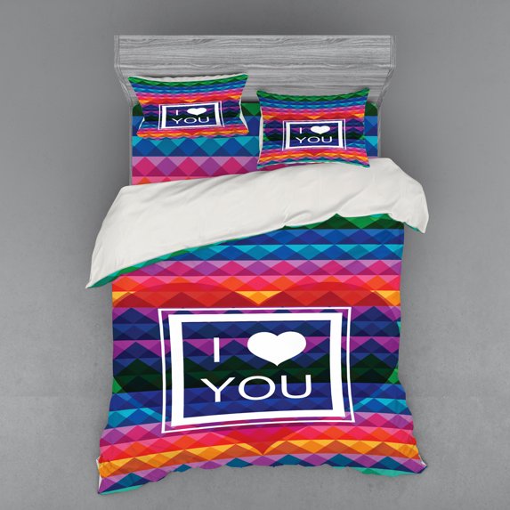 Vintage Rainbow Duvet Cover Set, Colorful Fractal Mosaic Backdrop with Heart and I Love You Frame Valentines, Bedding Set with Shams and Fitted Sheet, 3 Sizes, by Ambesonne