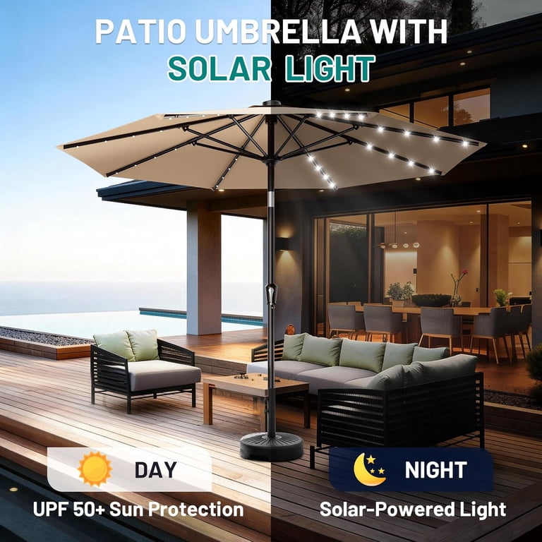 11-ft solar powered market patio umbrella with base 3 Tiers Outdoor LED 11FT / Khaki Enhance your outdoor experience with our 11x11 Sonkuki 11 ft. x 7