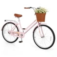 thumbnail image 1 of Costway 24-Inch Beach Cruiser Bike with Adjustable Seat, Woven Basket & Rear Rack for City Pink, 1 of 9