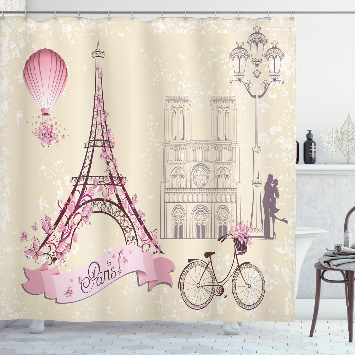 Pink Flowers Bike with Eiffel Tower Romantic Travel Themed Shower Curtain Vintage Paris Shower Curtain 