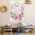 thumbnail image 2 of Quote Tapestry, Pastel Colored Wreath and Flower Blossom and Love Phrase on Family, Wall Hanging for Bedroom Living Room Dorm Decor, 60W X 80L Inches, Pink Purple and Reseda Green, by Ambesonne, 2 of 5