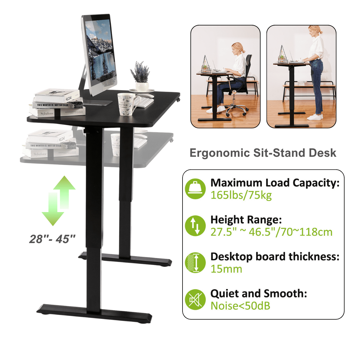 Legooin Ergonomic Height Adjustable Gaming Desk with Wheels Wooden Mobile Workstation Compter Table Home Office Furniture, Black