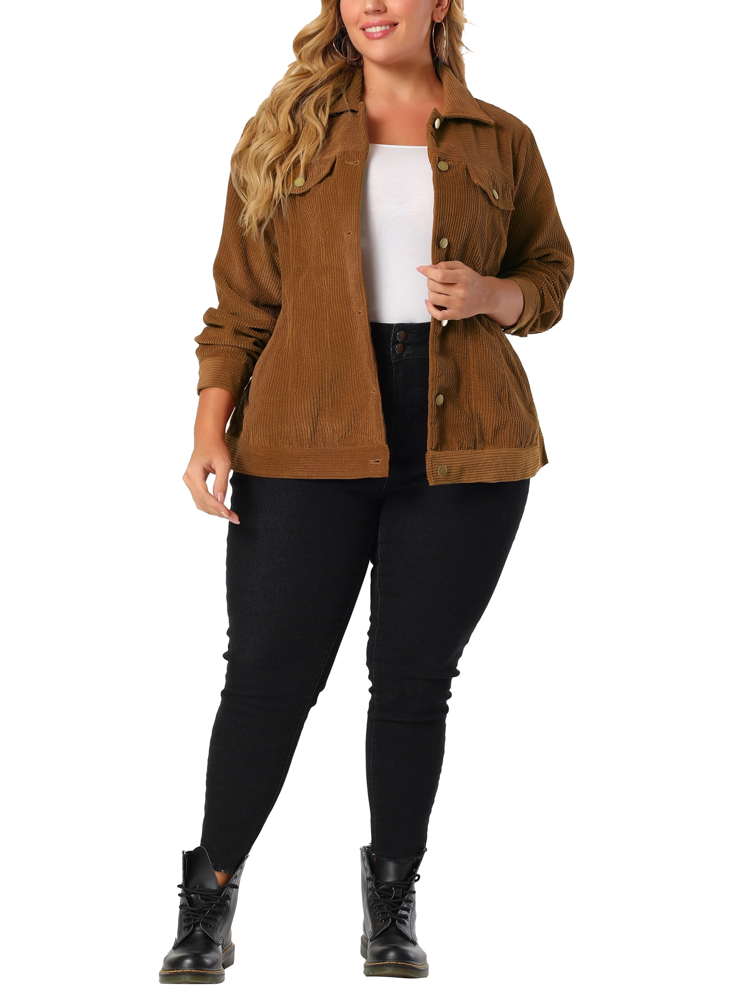 Unique Bargains Women's Plus Size Winter Boyfriend Corduroy Jackets 3X Brown