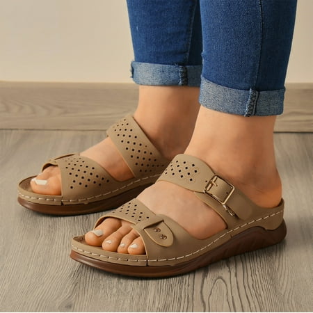 

〖Yilirongyumm〗 Beige 38 Sandals Women Ladies Fashion Solid Color Belt Buckle Decorative Hollow Platform Wedge Sandals