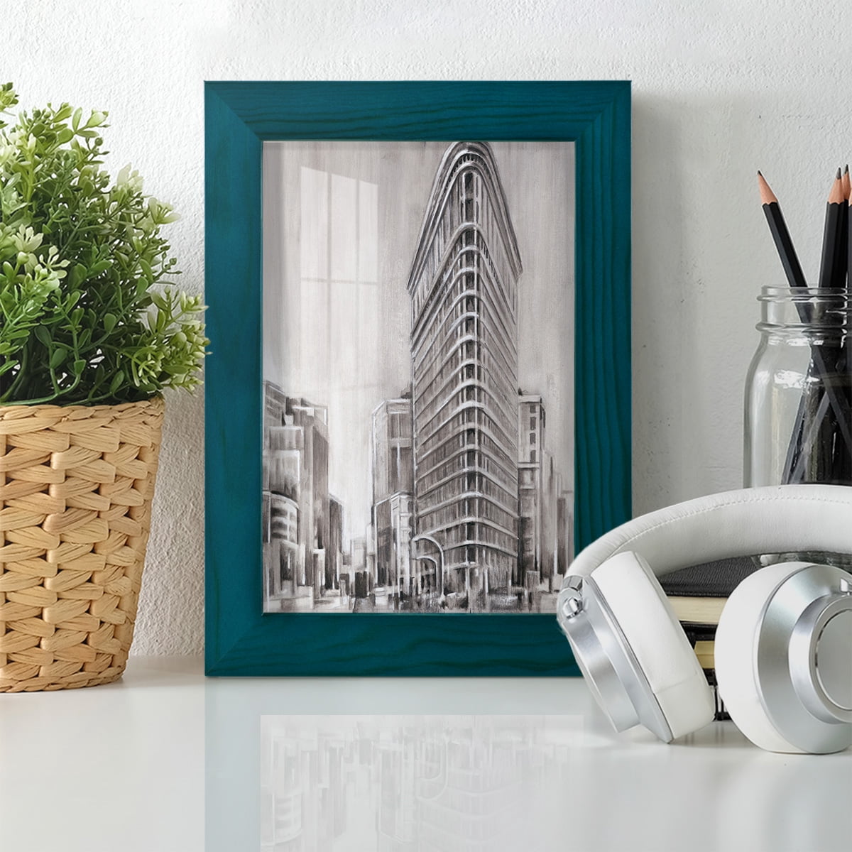 Art Deco Cityscape II -Framed Print w/glass-Ocean Blue