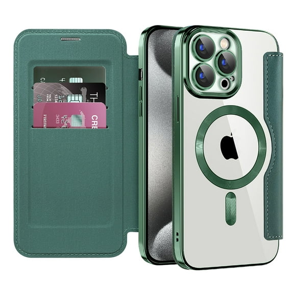 Cutyskin for iPhone 14 Pro Max Flip Wallet Case, Built-in Camera Lens Protector [Compatible with MagSafe] Plating Transparent Business PU Leather RFID Blocking Credit Card Slots Phone Case,Darkgreen