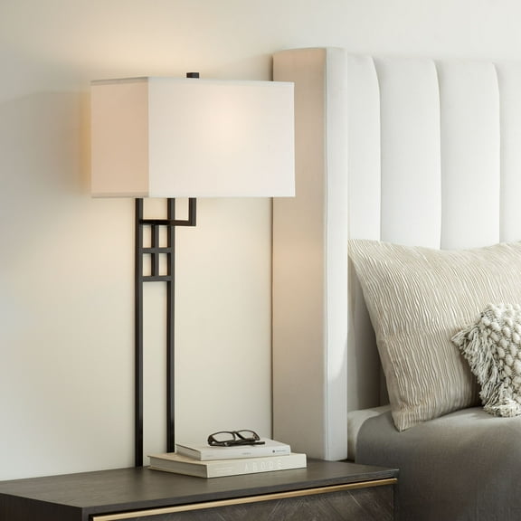 Possini Euro Design Ventano Modern Wall Lamp Matte Black Metal Plug-in 16" Light Fixture White Linen Shade for Bedroom Living Room House Hallway