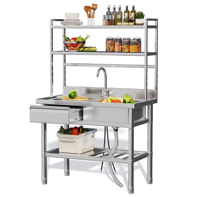 AECOJOY Stainless Steel Multifunctional Sink with Shelf – With Drawer and Water Pipe, Prep and Workbench for Home and Restaurant