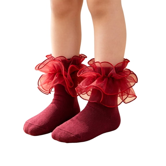 Abcomgle Girls Ruffle Socks 10-12 Years Old, Big Ruffle Socks | Girls Princess Eyelet Lace Sock, Comfortable Cotton Frilly Sock for Daily Wear Red