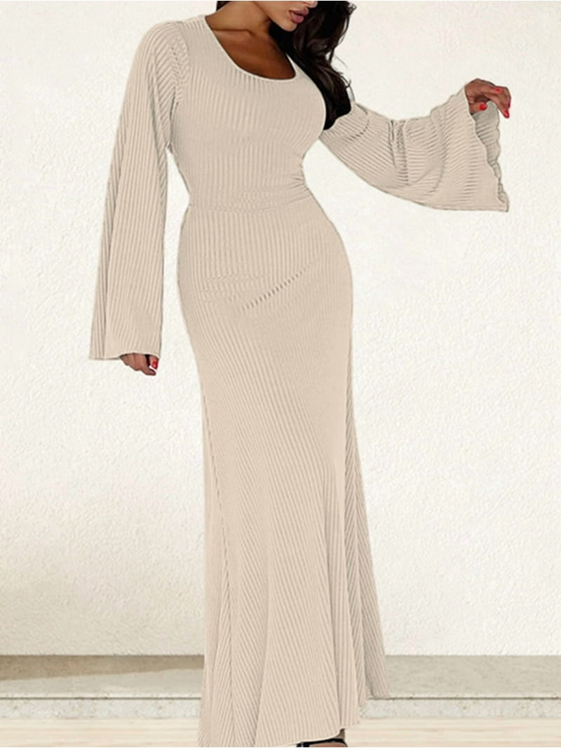 apricot ribbed dress Wedding Guest Dress for Women Long Sleeve Bodycon Ribbed Knit Maxi Dress  Fall Formal Dresses Apricot M