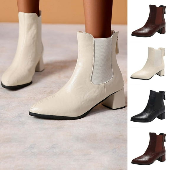 LOVZFMLL Boots for Women Ankle Chelsea Boots Pointy Toe Slip Resistant Low Block Heel Leather Casual Fall Winter Boots