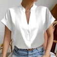 thumbnail image 4 of RYRJJ Women's Elegant Shirts Fashion Casual Loose Fit Short Sleeve V-Neck Shirt Tops Button Down Lightweight Stand Collar Blouse(White,S), 4 of 7