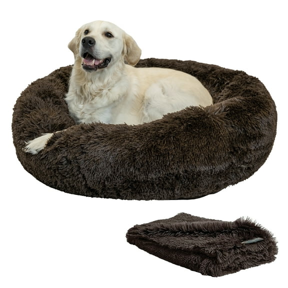 Open Box Best Friends by Sheri Bundle Set The Original Calming Shag Donut Cuddler Cat and Dog Bed + Pet Throw Blanket, Dark Chocolate, Large, 36x36