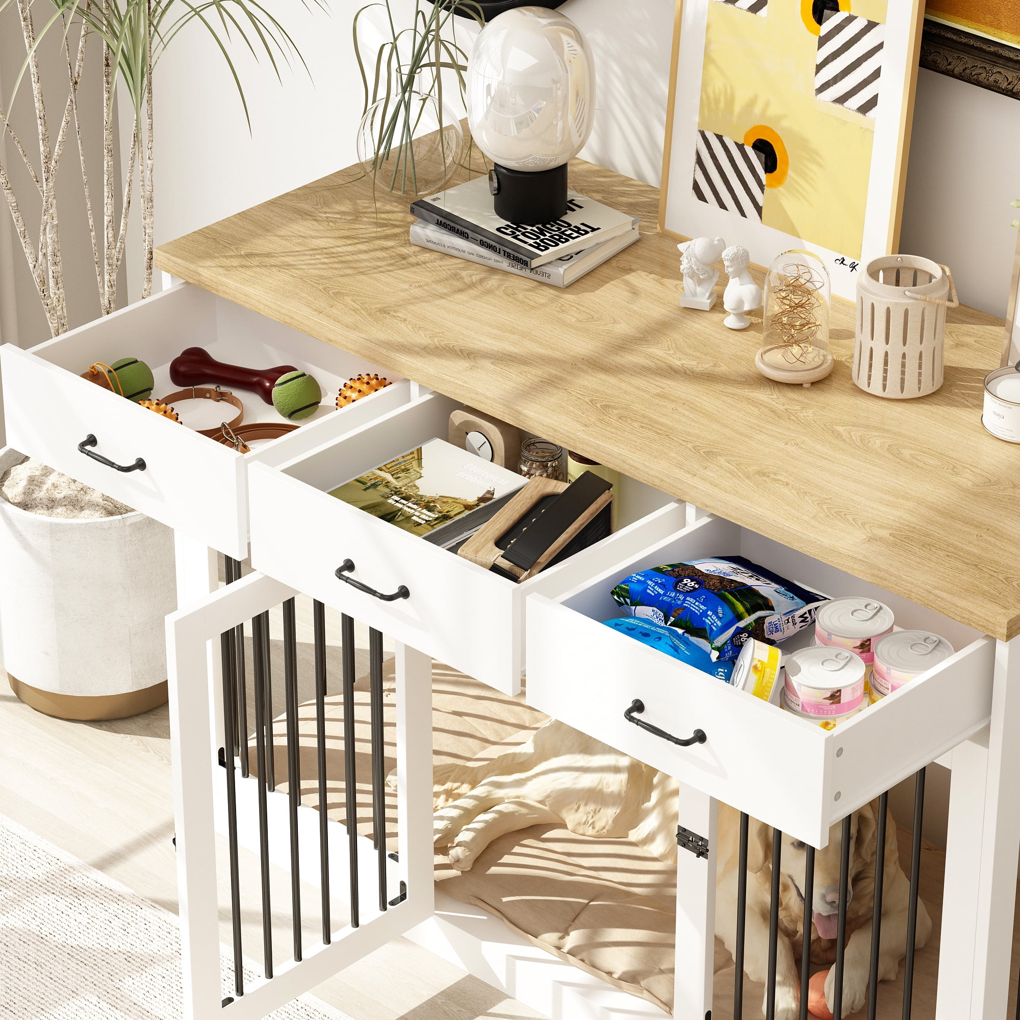 NARTRU 55.3" Dog Crate Kennel Cage Furniture with 3 Drawers for Small, Medium and Large Dog, White