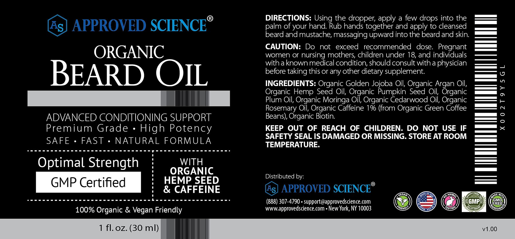 Approved Science Beard Oil - Promotes Hair Growth and Combats Dryness - With Rosemary and Plum Oils -All Organic Formula - 1 Fl. OZ.