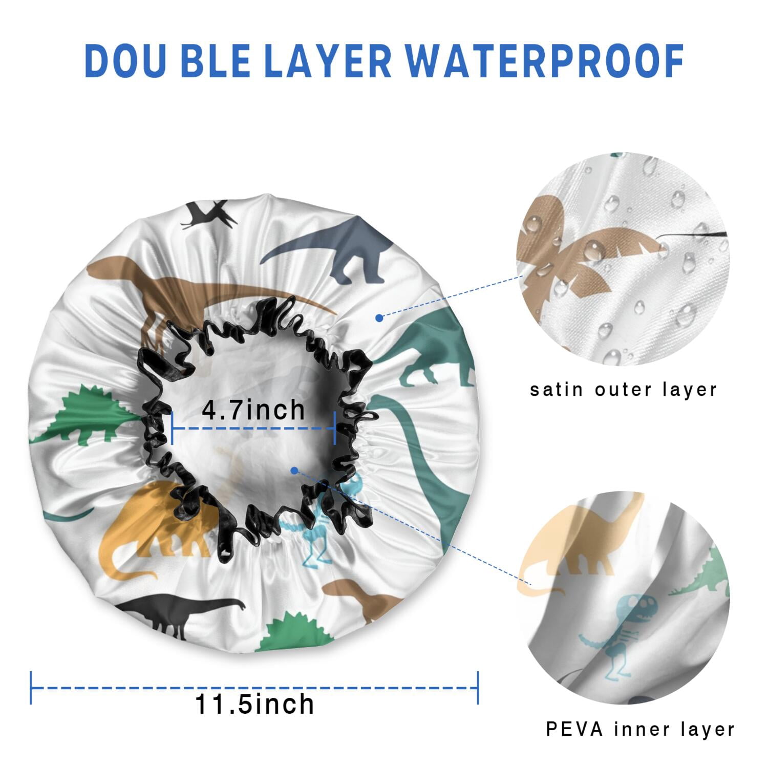 Shower Caps,Colorful Dinosaurs Silhouettes Pattern Waterproof Shower Cap for Women 4 Pieces,Double Reusable Hair Cover for Shower PEVA Elastic Stretch Hem