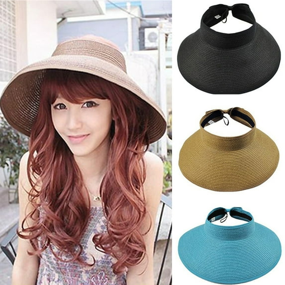 D-GROEE Women Sun Visors Wide Brim Foldable Packable Roll Up Beach Hat Straw Visor Sun Hats