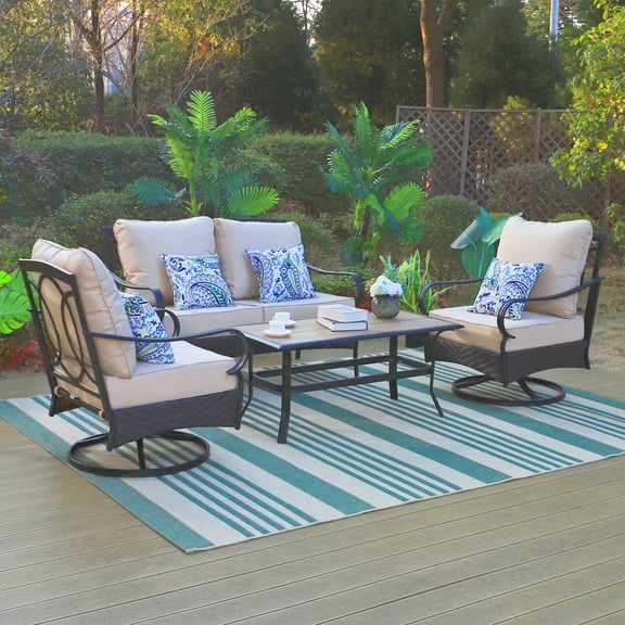 SUMMIT LIVING 4-Piece Outdoor Patio Furniture Set with Love-seat Sofa, 2 Swivel Chairs & Wood-look Coffee Table, Black & Beige