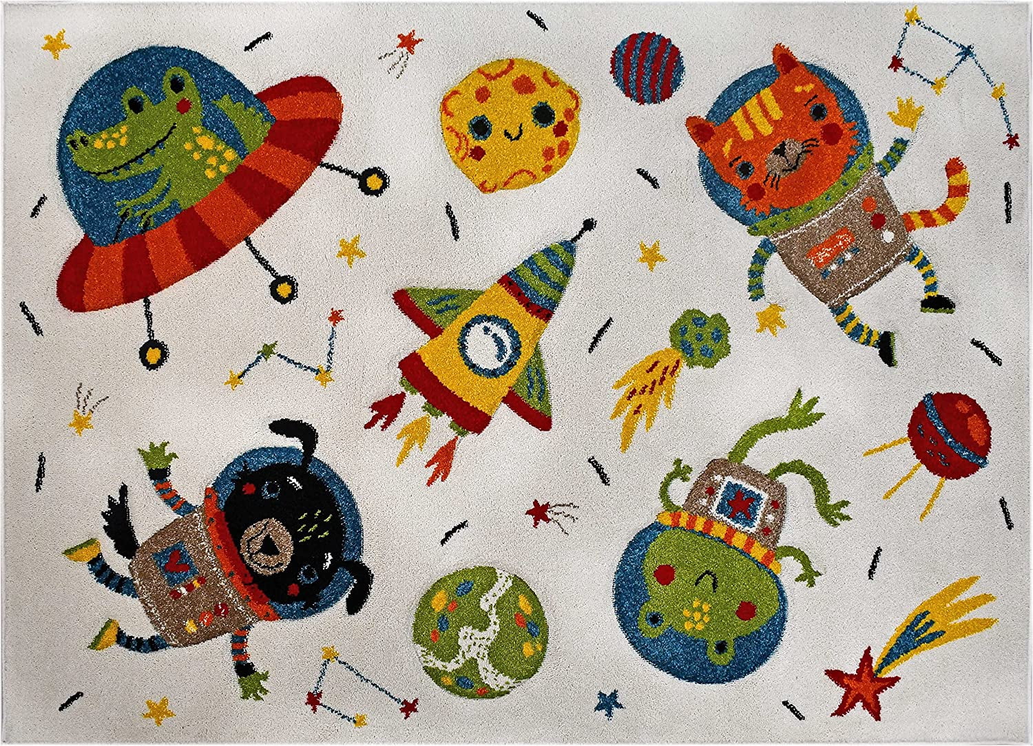 KC Cubs Boy & Girl Modern Decor Multicolor Area Rug and Carpet Collection for Kids, Toddlers and Baby Nursery, Animal Friends in Outer Space