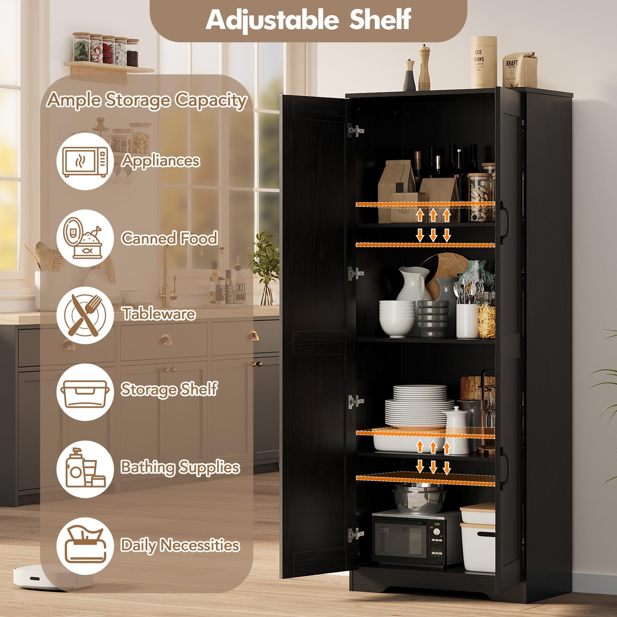 Danolapsi Kitchen Pantry Cabinet, Freestanding Black Pantry Storage Cabinet, 60" Cupboard, Tall Bathroom Storage Cabinet with 2 Doors and Adjustable Shelves, for Dining Room, Living Room