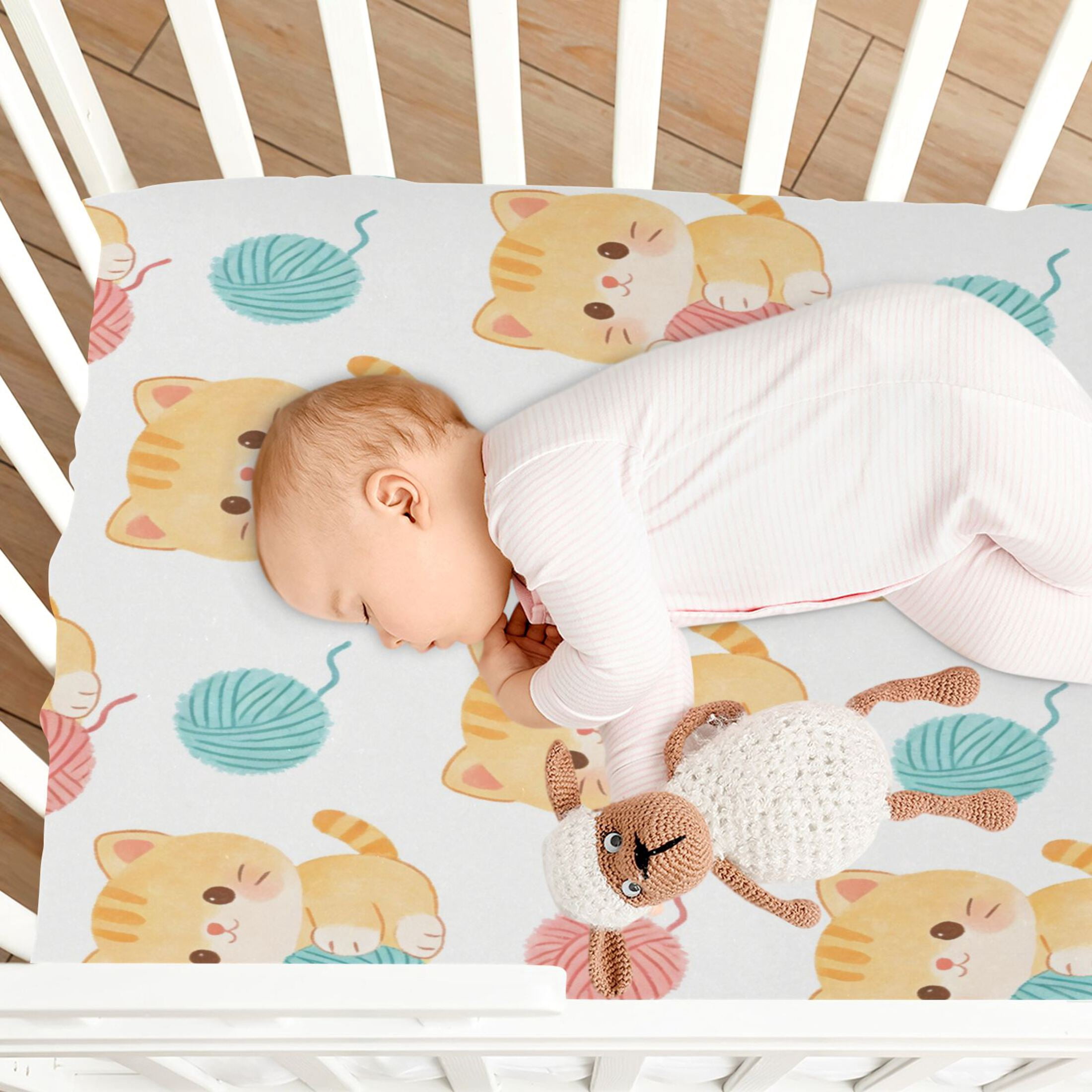 Baby Essentials 52”x 28”- Standard Cotton-like Modal Elastic- Cute Kitten Pattern Design Crib Sheets for Newborns and Toddlers