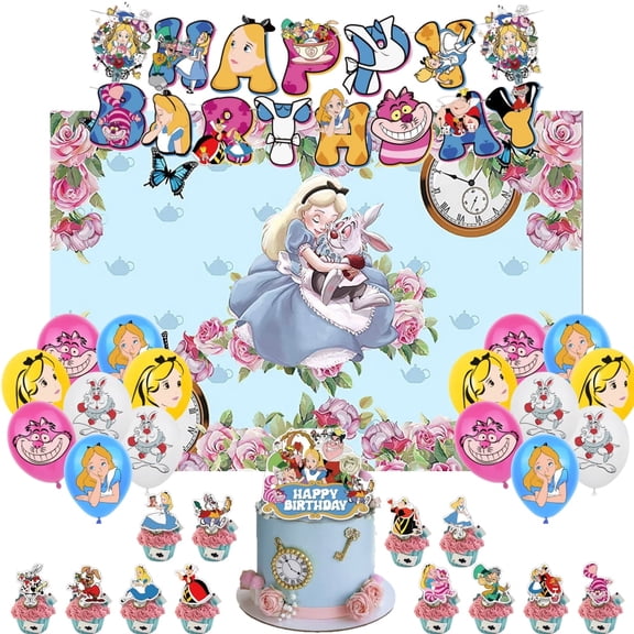 Alice in Wonderland Theme Cartoon style Birthday Decoration Kits，Party Supplies Including Banner, Balloons, Cake Toppers, Cupcake Toppers，Background Flag.