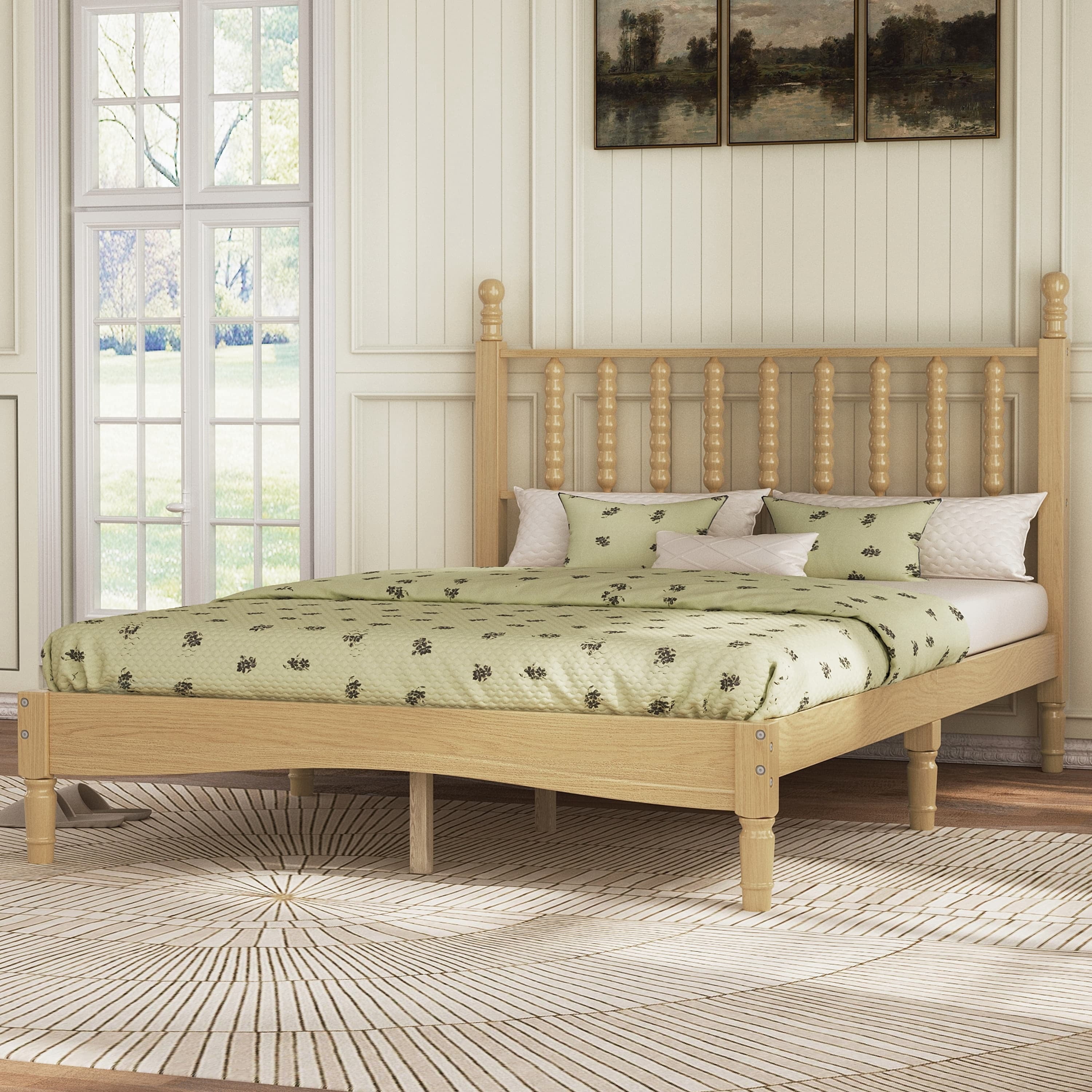 Euroco Wood Full Size Platform Bed, Retro Style Bed with Gourd Shaped Headboard, Natural