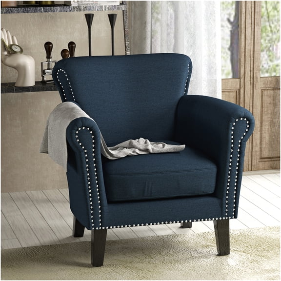 Navy Blue Fabric Club Chair with Nailhead Trim and Rolled Armrests for Living Room