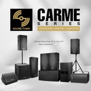 Sound Town CARME Series Powered PA Speaker and Subwoofer Combo Set with One 15” PA Speaker, One 18” Subwoofer, One Subwoofer Pole, Birch Plywood, Black