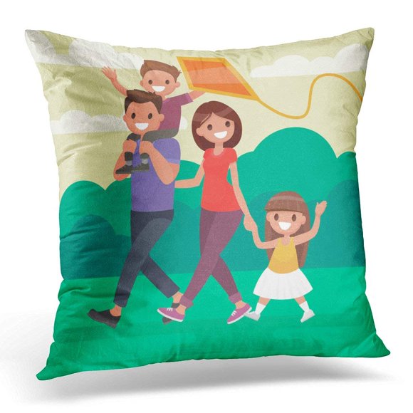 BSDHOME Colorful Park Happy Family Walks Outdoors and Launches Kite in Flat Style White Cartoon Pillow Case Pillow Cover 20x20 inch
